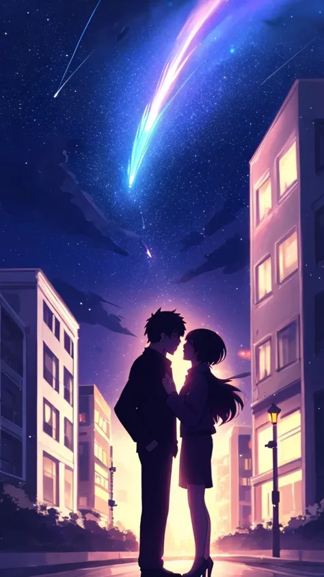 sky, stars, sparkle, city, night, couple, shine, (heart),