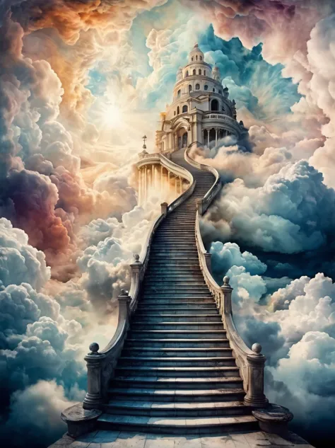 stairway to heaven, built on clouds, taken to heaven.

fantasy style. fantasy dreamlike art. mysterious, foggy.

swirling waterc...