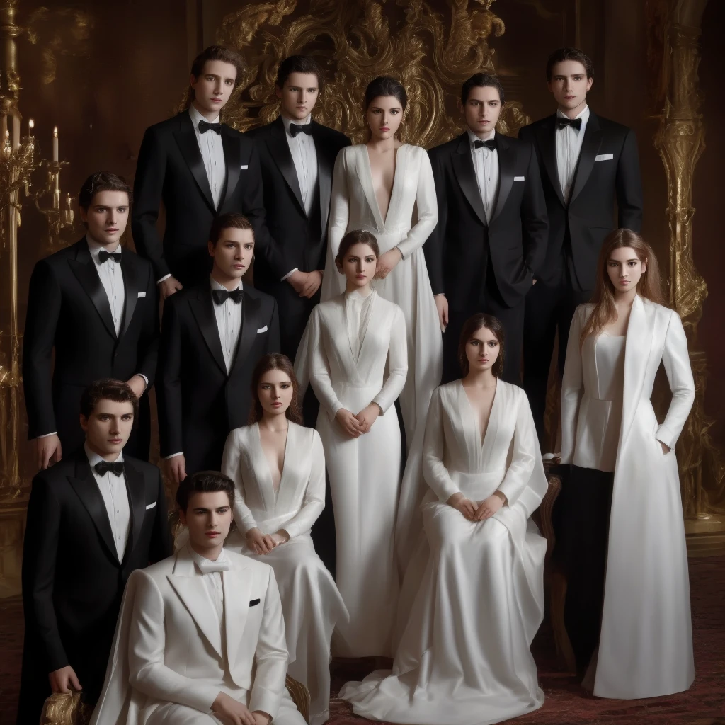 Four men and four women are standing on the opera stage, the four men are wearing black suits and the four women are wearing elegant long white dresses, close up, realistic photo