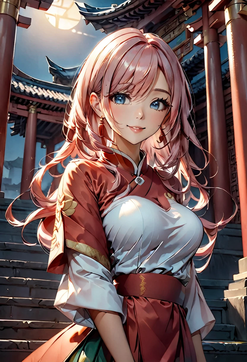 una hermosa joven, 2, Usar ropa tradicional china, de pie en un antiguo templo, su cabello de longitud media fluyendo, Cabello rosado, sus ojos representados en un estilo de anime, Feliz, sus senos de tamaño mediano acentuados,, (mejor calidad, obra maestra, 4k, ultra detallado), detalles intrincados, iluminación dramática, Ángulo frío, fondo sencillo, temple
