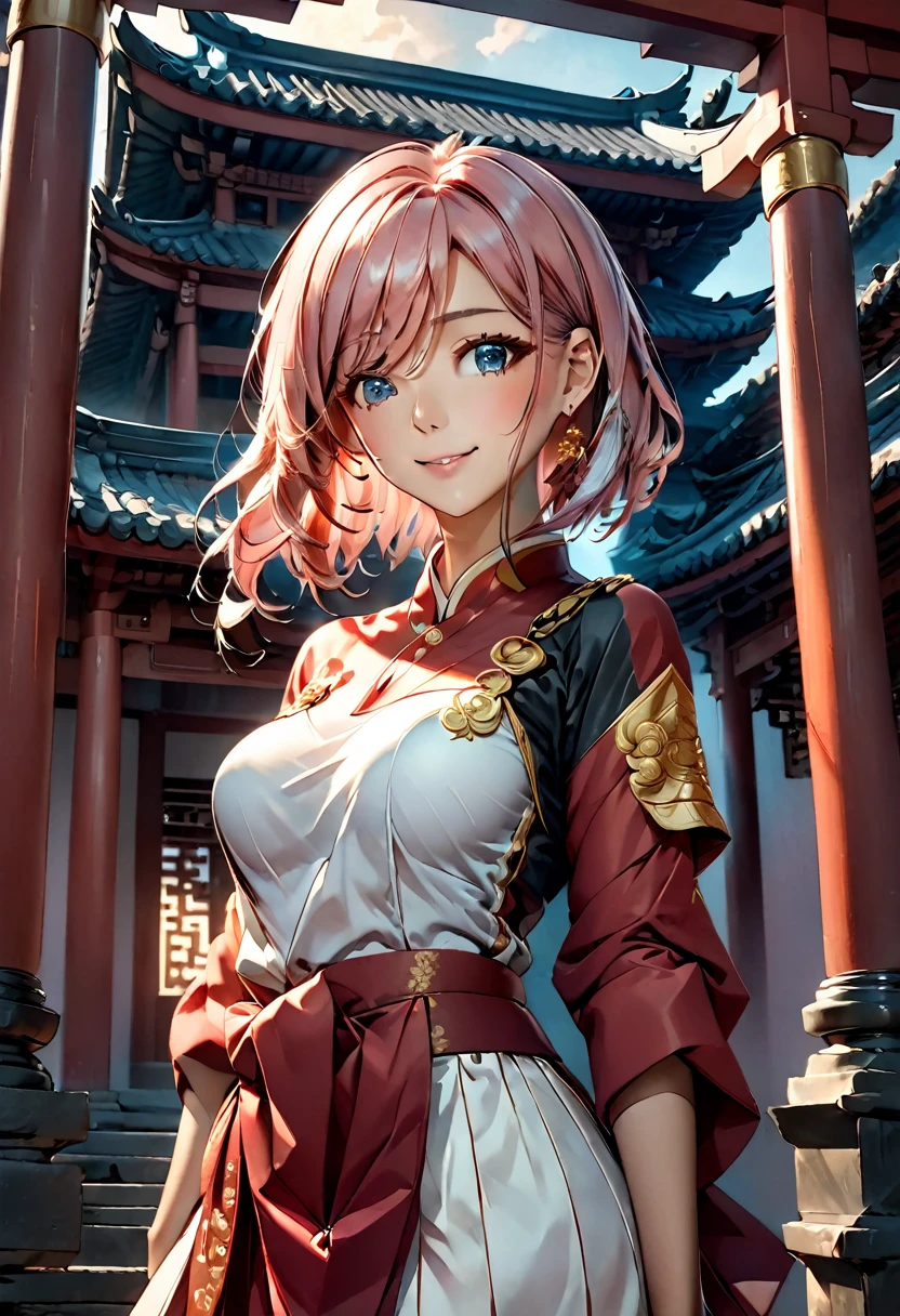 a beautiful young woman, 25 years old, wearing traditional Chinese clothing, standing in an old temple, her medium-length hair flowing, pink hair, her eyes rendered in an anime style, happy, her medium-sized breasts accentuated,, (best quality, masterpiece, 4k, ultra-detailed), intricate details, dramatic lighting, cool angle, simple background, temple
