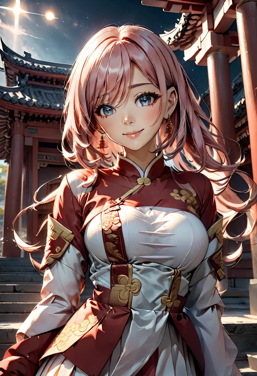 una hermosa joven, 2, Usar ropa tradicional china, de pie en un antiguo templo, su cabello de longitud media fluyendo, Cabello rosado, sus ojos representados en un estilo de anime, Feliz, sus senos de tamaño mediano acentuados,, (mejor calidad, obra maestra, 4k, ultra detallado), detalles intrincados, iluminación dramática, Ángulo frío, fondo sencillo, temple
