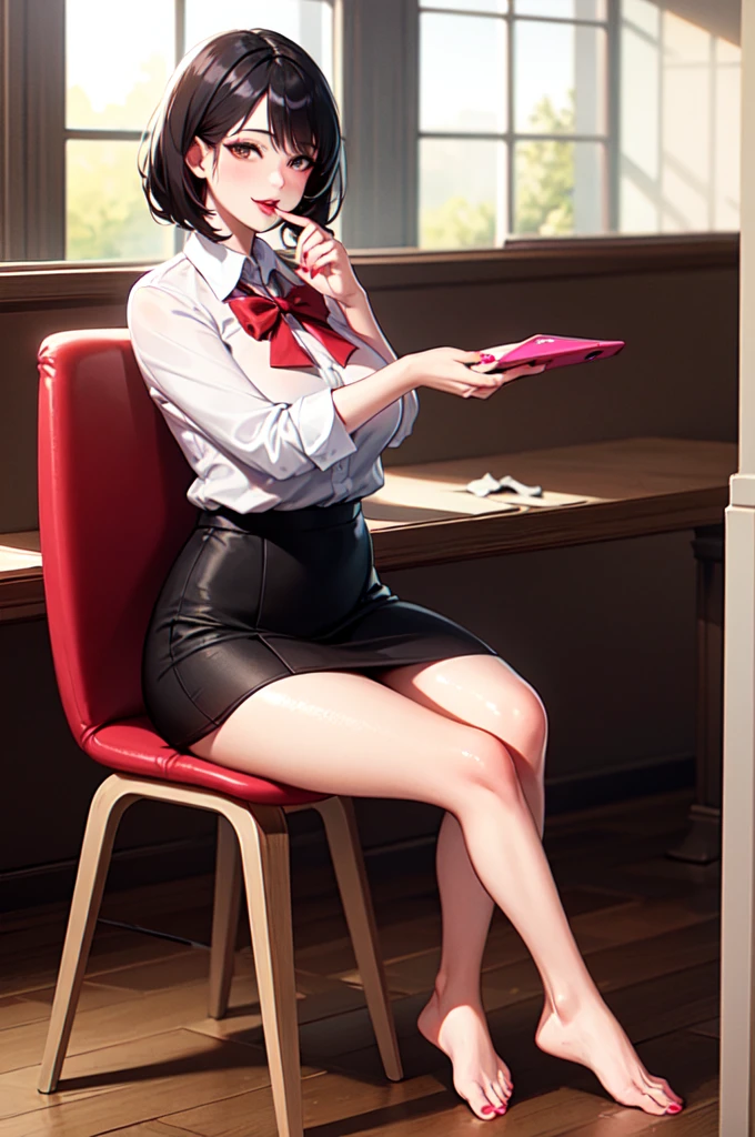 A photo of a young, nerdy woman sitting in a caf, wearing a white shirt and a bow, surrounded by a cozy atmosphere, looking at the viewer.
short hair, slender, red lips, transparent fabric, flirting with the camera make her fat binki bare feet red nail polish 