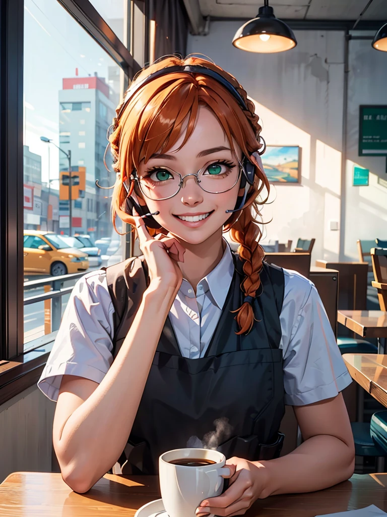 point of view across table, sitting, orange hair, one braid, headset, orange safety glasses, green eyes, military clothing, bulletproof vest, looking at viewer, happy, smiling, teeth, cute lips, 
inside, diner, table, window,big cup of warm coffee, extreme detail, masterpiece,beautiful quality