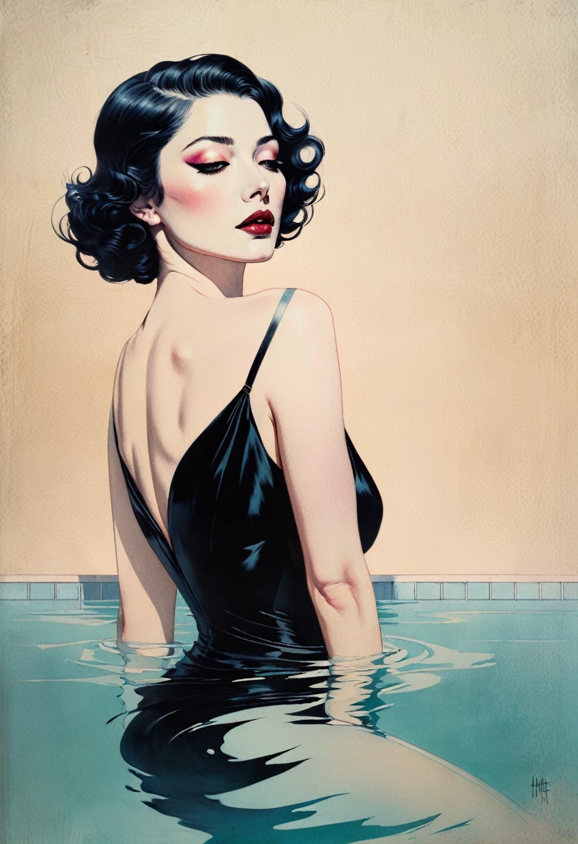 chiaroscuro technique on sensual illustration of an elegant woman, vintage ,silky eerie, matte painting, by Hannah Dale, by Harumi Hironaka, extremely soft colors, vibrant, pastel, highly detailed, digital artwork, high contrast, dramatic, refined, tonal, minimal ratio, swimming pool texture