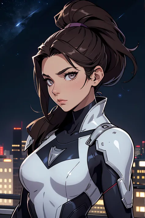 Girl, small bust, dark hair, ponytail, superhero, heroine, silver costume, mask, white eyes, on a rooftop, night sky, skyline, h...