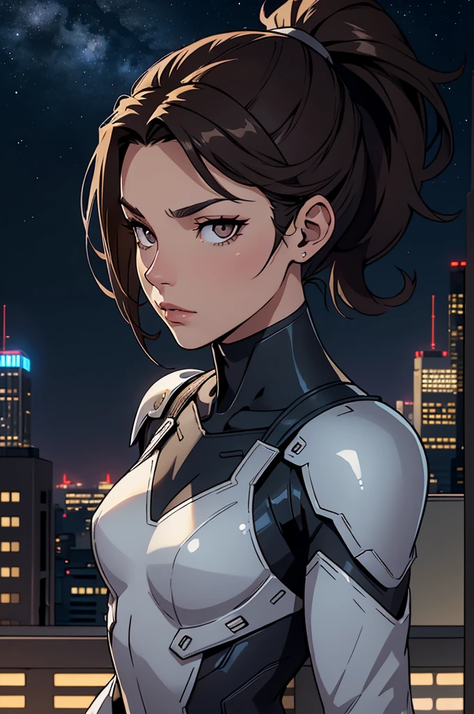 Girl, small bust, dark hair, ponytail, superhero, heroine, silver costume, mask, white eyes, on a rooftop, night sky, skyline, high quality, best quality, masterpiece, 4K, 8K