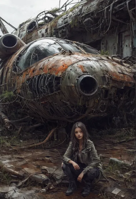 winter, dark, dusk, A GIRL FRONT OF an abandoned old rusty fighter jet, an overgrown , frame weathered and worn, detailed  