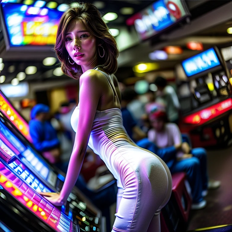 GameShow event girls in Skinny White Bodysuit, (ExtremelyDetailed((Song Joo A))) clearly visible the shape of Butt, Radiant PearlSkin with Transparency, Full of (Game machine),(pleasure in heaven, life and eternity). (Full body shot:1.2),Ultra-detailed,grand scale,epic,zoomed out,wide angle. (ExtremelyDetailed Beautiful face). (Exposed:0.39) (TopQuality 8K(Masterpiece(ProfessionalPhoto;1.37)))