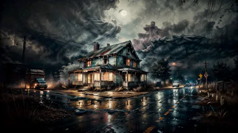 a dilapidated abandoned house at night, rain pouring down, wet roads, dark cloudy sky, smoke and dirt, atmospheric lighting, cin...