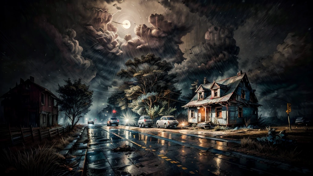 a dilapidated abandoned house at night, rain pouring down, wet roads, dark cloudy sky, smoke and dirt, atmospheric lighting, cinematic mood, dramatic shadows, gritty realism, award winning composition, hyper detailed, intricate details, photographic quality, professional photography, masterpiece