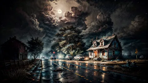 a dilapidated abandoned house at night, rain pouring down, wet roads, dark cloudy sky, smoke and dirt, atmospheric lighting, cin...