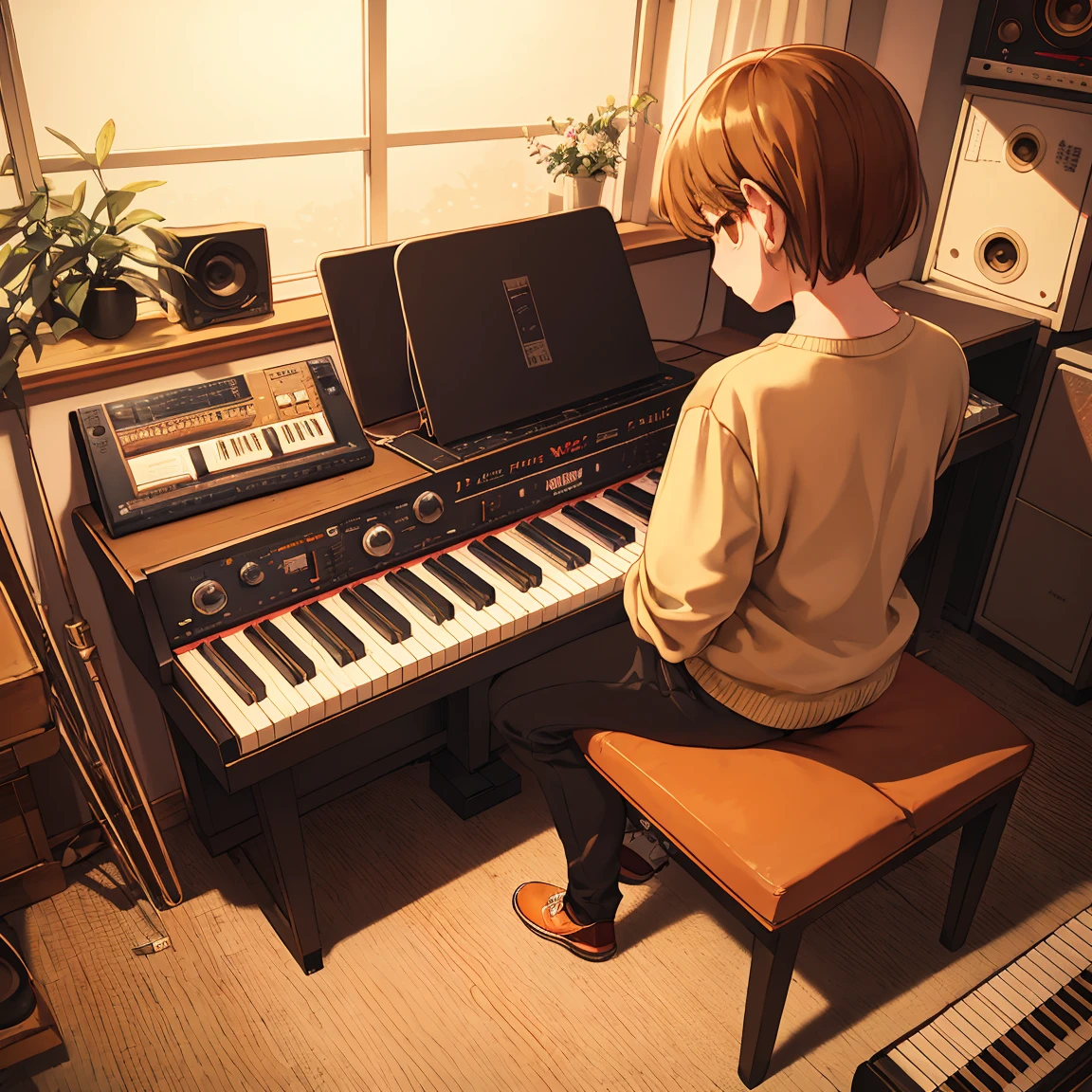 artist name: pkjy album title: LO-FI JAZZ HIPHOP MIXTAPE VOL.1 Mood and theme: lo-fi jazz hip hop, Comfortable and vintage feel Main image: MPC Sampler, ax(yes: saxophone, piano, etc.), vintage record color scheme: Warm and vintage colors(brown, beige, warm orange light)