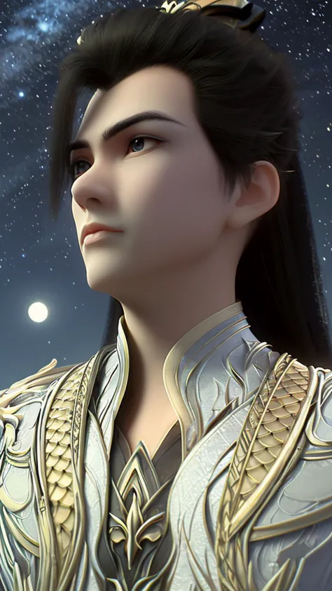 shihao,majestic gesture,(starry sky_sky空:1.3),bright moon,sky_melody,wonderland,portrait,