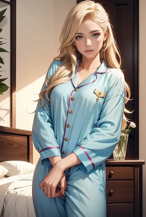 An incredibly beautiful young femme fatale-blonde with blue eyes, long golden hair, she is dressed in homemade pajamas, holding ...