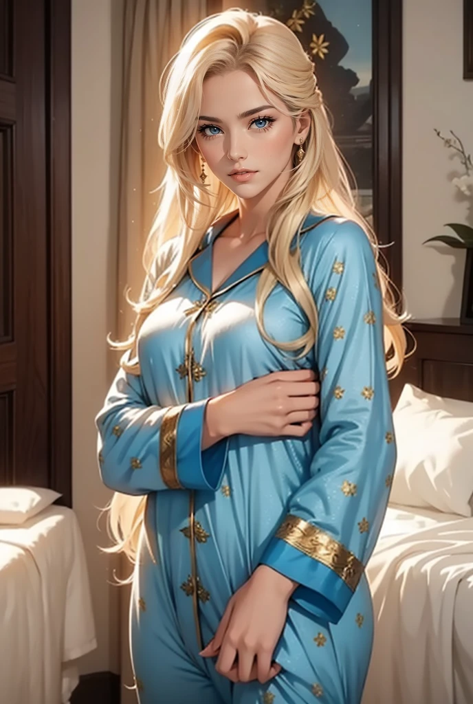 Uma jovem femme fatale incrivelmente bonita - loira de olhos azuis, longos cabelos dourados, ela está vestida com pijama feito em casa, segurando um pequeno  nos braços.imagem realista. 