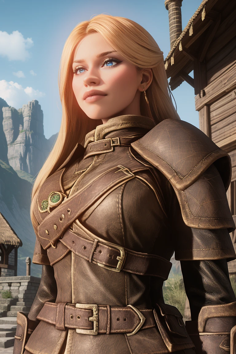 1 girl, masterpiece, 32 yo, femalebreton beauty sits outdoors in a rustic Skyrim village, surrounded by thatched roofs and lush greenery. The sun casts a warm glow on her porcelain skin as she gazes directly into the camera lens, her piercing green eyes sparkling with a hint of mischief. Her raven tresses cascade down her back like a waterfall, framing her heart-shaped face. A gentle smile plays on her lips, inviting the viewer to step into her whimsical world. blonde hair, fit body, Skyrim style, (female front view:1.3), looking at the viewer.,wearing light armor, blonde hair, femalebreton