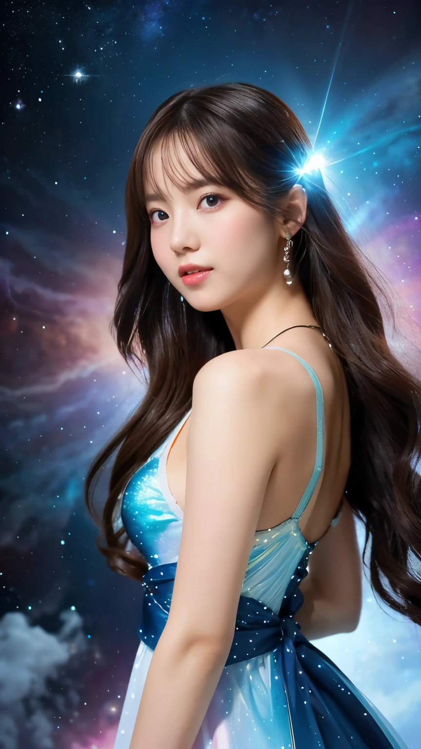 4K Ultra HD, masterpiece, A girl with a magical aura, Nice face, Long Hair, Shiny Hair, Detailed eyes, Glossy Lips, Blue Lolita Costume, Aura around the body, Magical Effects, Spreading white light, Cosmic elements and ethereal atmosphere, A mix of bright lights and colorful nebulae, Space Background, Perfect body,