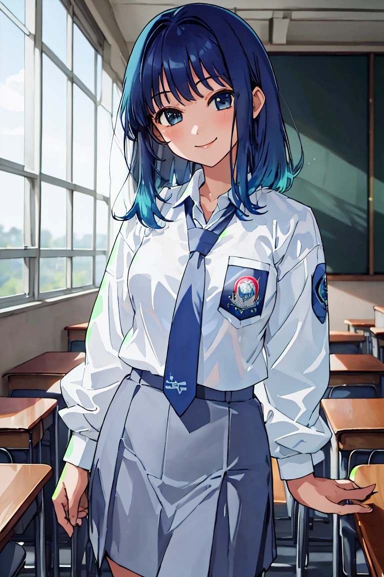 masterpiece,best quality, ultra_res, extremely detailed,
1girl,HMAKANE, BLUE HAIR, medium HAIR, GRADIENT HAIR, MEDIUM BREASTS,
Indonesian high-school uniform, (wearing transparent white shirt, LONG SLEEVES), osis logo on shirt pocket, medium breasts, long light-grey skirt, light-grey tie, cowboy shot, smiling, in classroom background,