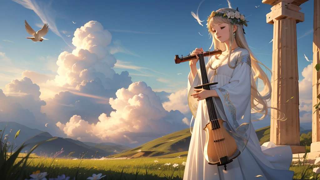 最high quality、high quality、Beautiful face with a sense of transparency、heaven, Sanctuary, Paradise、Greek God々、heavenly Grassland、Long dress、Filled with light、mysterious、Little angels playing musical instruments around God、雲の中にGreek God殿、You can see the sea of clouds