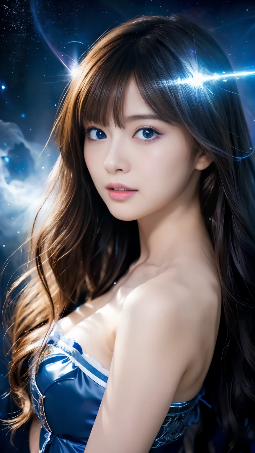 4K Ultra HD, masterpiece, A girl with a magical aura, Nice face, Long Hair, Shiny Hair, Detailed eyes, Glossy Lips, Blue Lolita Costume, Aura around the body, Magical Effects, Spreading white light, Cosmic elements and ethereal atmosphere, A mix of bright lights and colorful nebulae, Space Background, Perfect body,