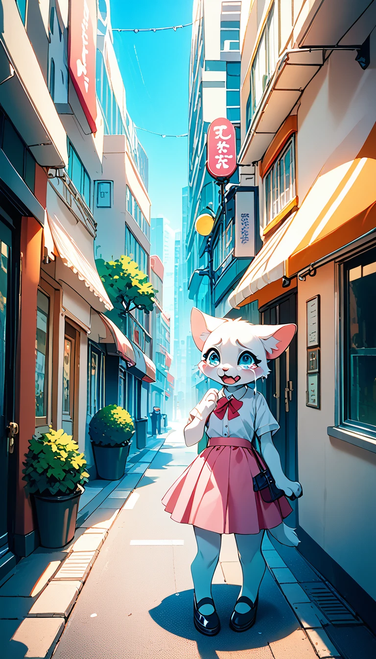 Crying kitten on a street corner, City street corner、A white furry kitten is crying with big tears, skyscraper、Cars passing by on the street、Sidewalk, White kitten wearing a pink skirt and white shirt, Big tears are spilling from the kitten&#39;s eyes