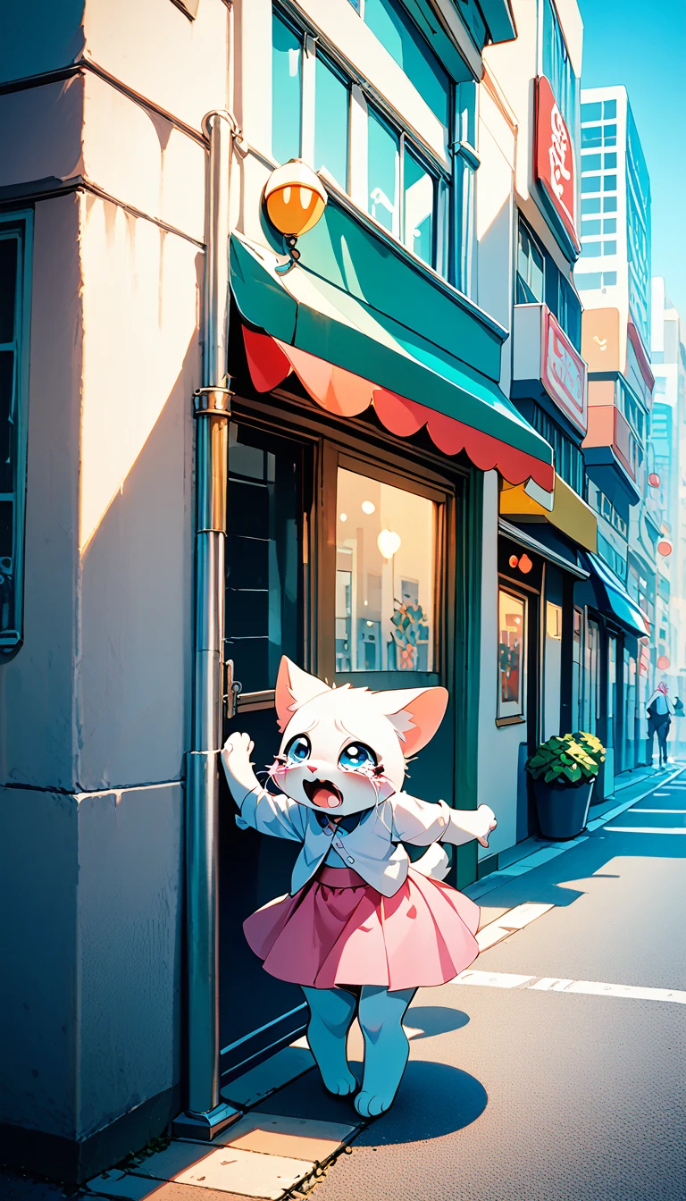 Crying kitten on a street corner, City street corner、A white furry kitten is crying with big tears, skyscraper、Cars passing by on the street、Sidewalk, White kitten wearing a pink skirt and white shirt, Big tears are spilling from the kitten&#39;s eyes