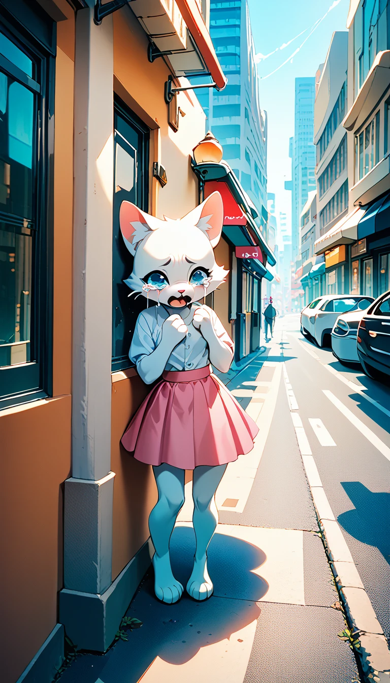 Crying kitten on a street corner, City street corner、A white furry kitten is crying with big tears, skyscraper、Cars passing by on the street、Sidewalk, White kitten wearing a pink skirt and white shirt, Big tears are spilling from the kitten&#39;s eyes