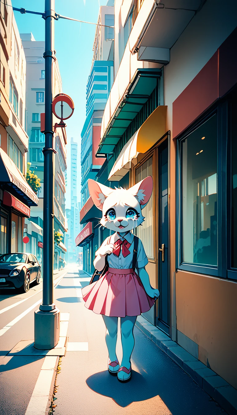 Crying kitten on a street corner, City street corner、A white furry kitten is crying with big tears, skyscraper、Cars passing by on the street、Sidewalk, White kitten wearing a pink skirt and white shirt, Big tears are spilling from the kitten&#39;s eyes