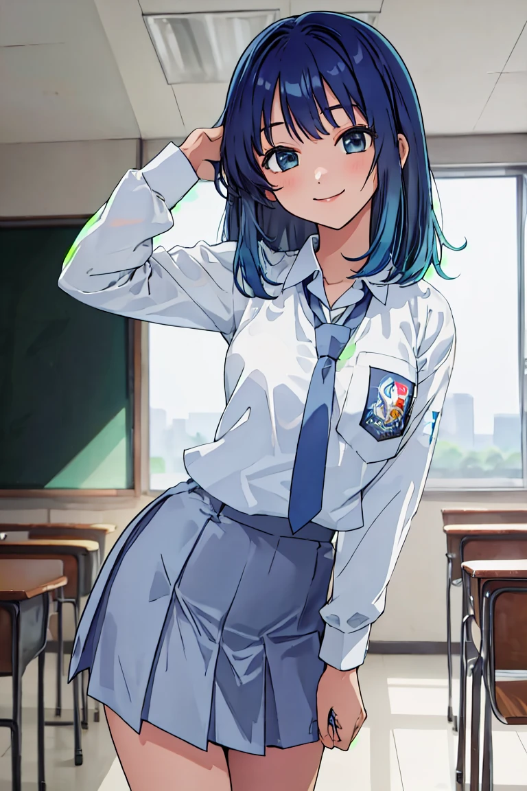 masterpiece,best quality, ultra_res, extremely detailed,
1girl,HMAKANE, BLUE HAIR, medium HAIR, GRADIENT HAIR, MEDIUM BREASTS,
Indonesian high-school uniform, (wearing transparent white shirt, LONG SLEEVES), osis logo on shirt pocket, medium breasts, long light-grey skirt, light-grey tie, cowboy shot, smiling, standing pose, in classroom background,