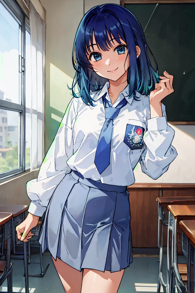 masterpiece,best quality, ultra_res, extremely detailed,
1girl,HMAKANE, BLUE HAIR, medium HAIR, GRADIENT HAIR, MEDIUM BREASTS,
Indonesian high-school uniform, (wearing transparent white shirt, LONG SLEEVES), osis logo on shirt pocket, medium breasts, long light-grey skirt, light-grey tie, cowboy shot, smiling, standing pose, in classroom background,