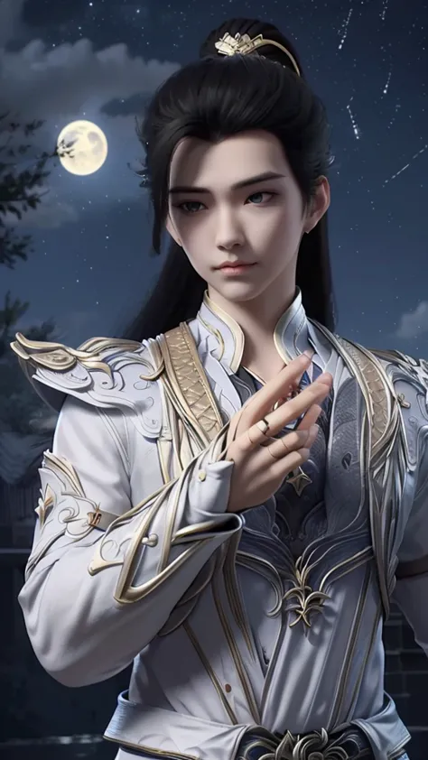 shihao,majestic gesture,(starry sky_sky空:1.3),bright moon,sky_melody,wonderland,portrait