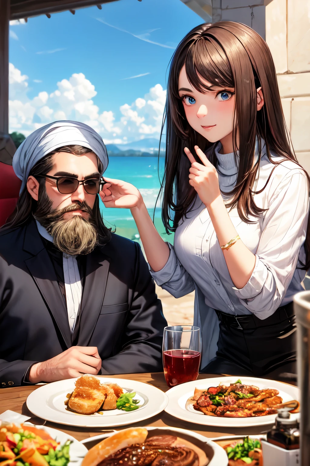 Anime - style image of a man and woman sitting at a table with food -  SeaArt AI