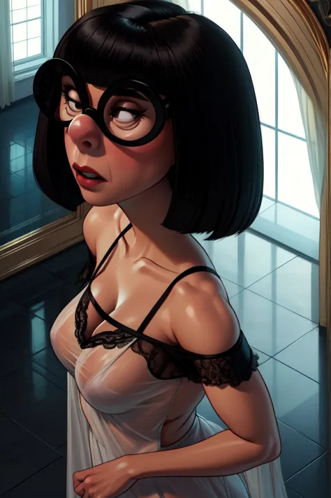 edna, black bob cut,round black-framed eyewear,black eyes,blunt bangs, solo,  
upper body,   standing,  cleavage,  from above, w...