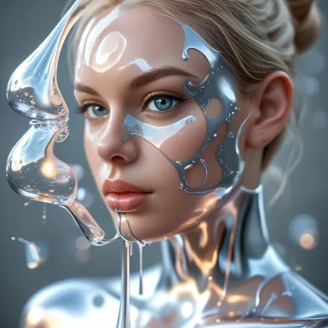 liquid metal、A liquid metal girl who constantly repeats the process of liquefying and solidifying.、Half Body Portrait
