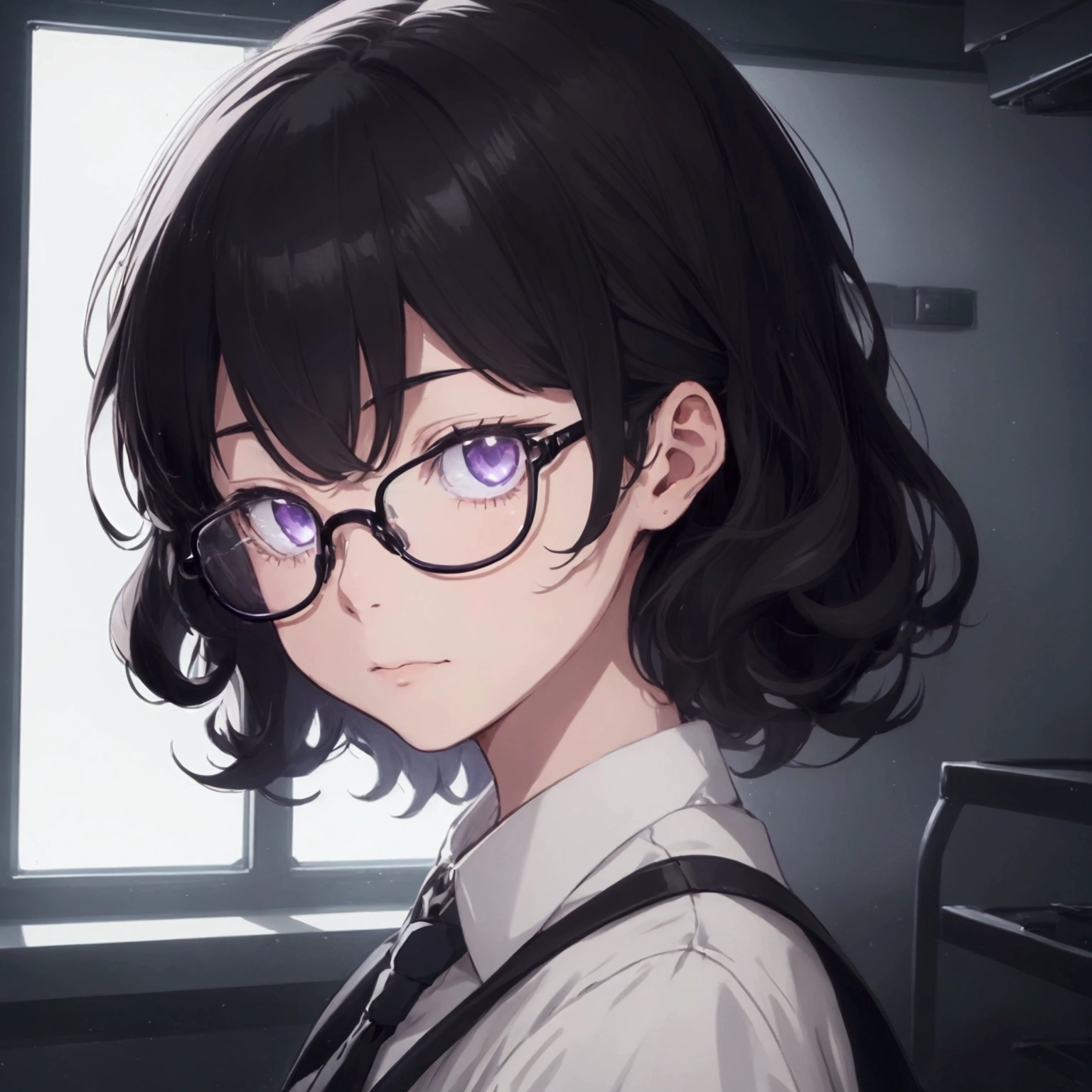 (1 boy), school boy, male, tie, holding a bool, cute boy, adorable, Thick black frame glasses, shy, black messy hair, bluish-grey eye color, wearing glasses, 4k, detailed, anime 4k, (Curly hair), from side, character focus, ((black light)),((dark lighting)), cinematic lighting ,(darkness), (concept art), high resolution,(incredibly absurdres) ,extremely detailed CG unity 8k wallpaper, ((masterpiece)), ((top-quality)), (beautiful illustration), ((an extremely delicate and beautiful)), (masterpiece, Best quality, ultra high resolution), Black hair, pale skin, ultra detailed eyes, Beautiful and detailed face, detailed eyes, (Centered, torso), (wide shot:0.9), facing the viewer, Eye level, ((male))