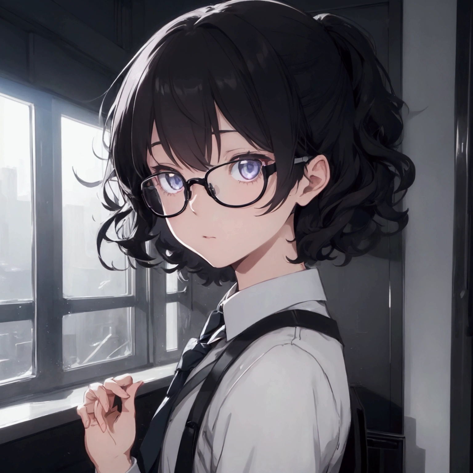 (1 boy), school boy, male, tie, holding a bool, cute boy, adorable, Thick black frame glasses, shy, black messy hair, bluish-grey eye color, wearing glasses, 4k, detailed, anime 4k, (Curly hair), from side, character focus, ((black light)),((dark lighting)), cinematic lighting ,(darkness), (concept art), high resolution,(incredibly absurdres) ,extremely detailed CG unity 8k wallpaper, ((masterpiece)), ((top-quality)), (beautiful illustration), ((an extremely delicate and beautiful)), (masterpiece, Best quality, ultra high resolution), Black hair, pale skin, ultra detailed eyes, Beautiful and detailed face, detailed eyes, (Centered, torso), (wide shot:0.9), facing the viewer, Eye level, ((male))