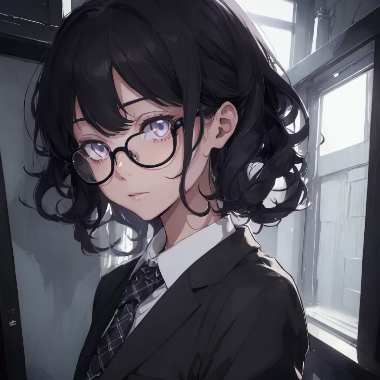 (1 boy), school boy, male, tie, holding a bool, cute boy, adorable, thick black frame glasses, shy, black messy hair, bluish-gre...