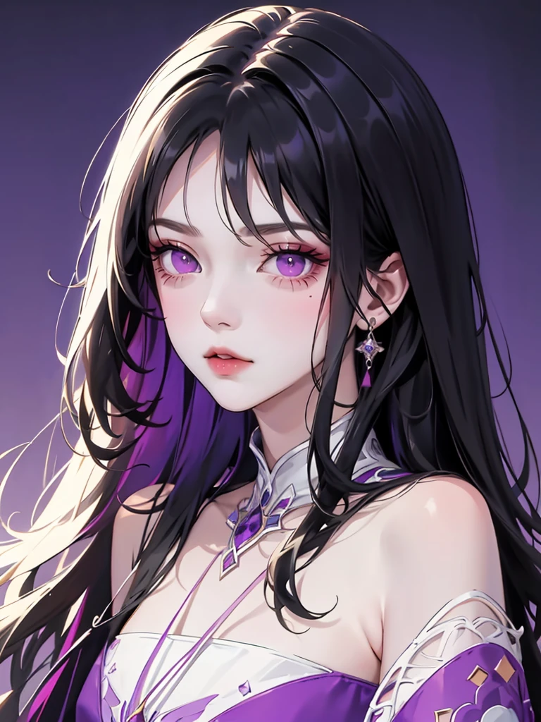 (flat color:1.1),(masterpiece:1.2), original, medium length straight black hair, Purple-colored eyes, mature girl　