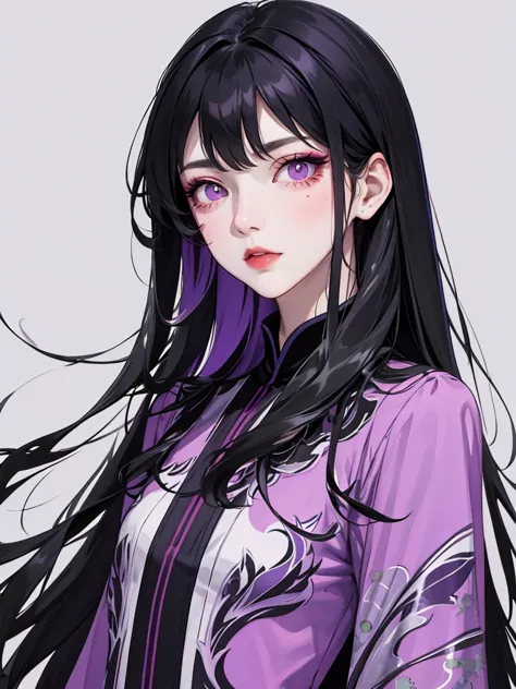 (flat color:1.1),(masterpiece:1.2), original, medium length straight black hair, purple-colored eyes, mature girl