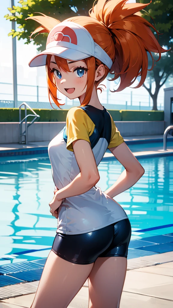 1 girl, masterpiece, best quality, highres, ro1, Misty from pokemon, hair bun, blue eyes, visor cap, , raglan sleeves, blue bicycle shorts, small ponytail on the side, wristwatch, standing, hand on hip, smile, open mouth, (sparkle:1.1), orange hair, medium breasts, 3/4 body view, outdoors, swimming pool