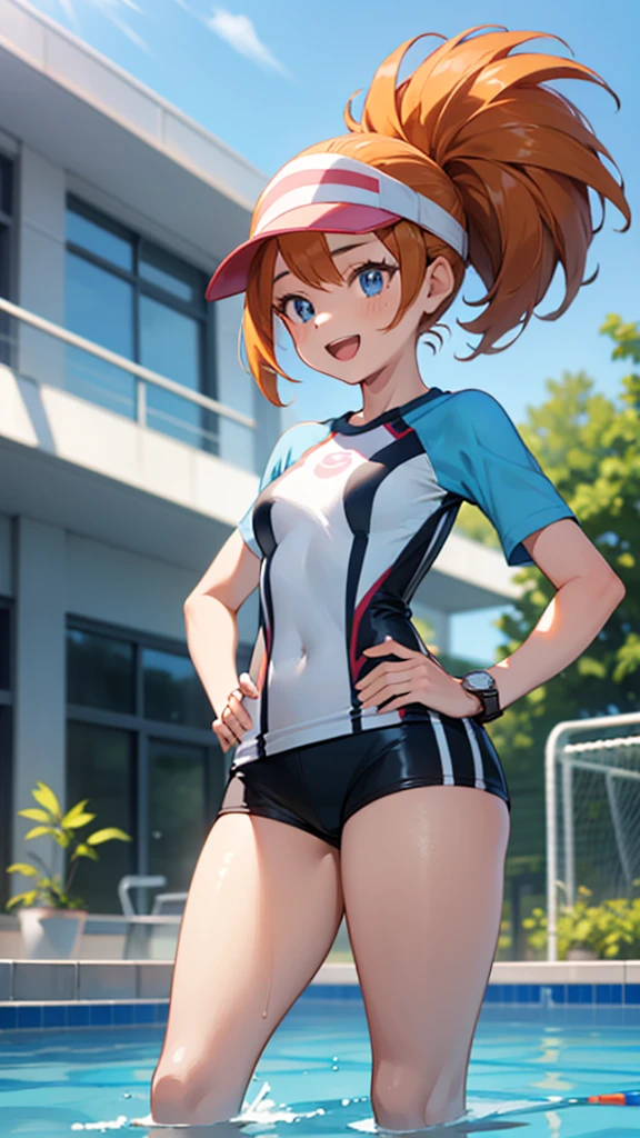 1 girl, masterpiece, best quality, highres, ro1, Misty from pokemon, hair bun, blue eyes, visor cap, , raglan sleeves, blue bicycle shorts, small ponytail on the side, wristwatch, standing, hand on hip, smile, open mouth, (sparkle:1.1), orange hair, medium breasts, 3/4 body view, outdoors, swimming pool