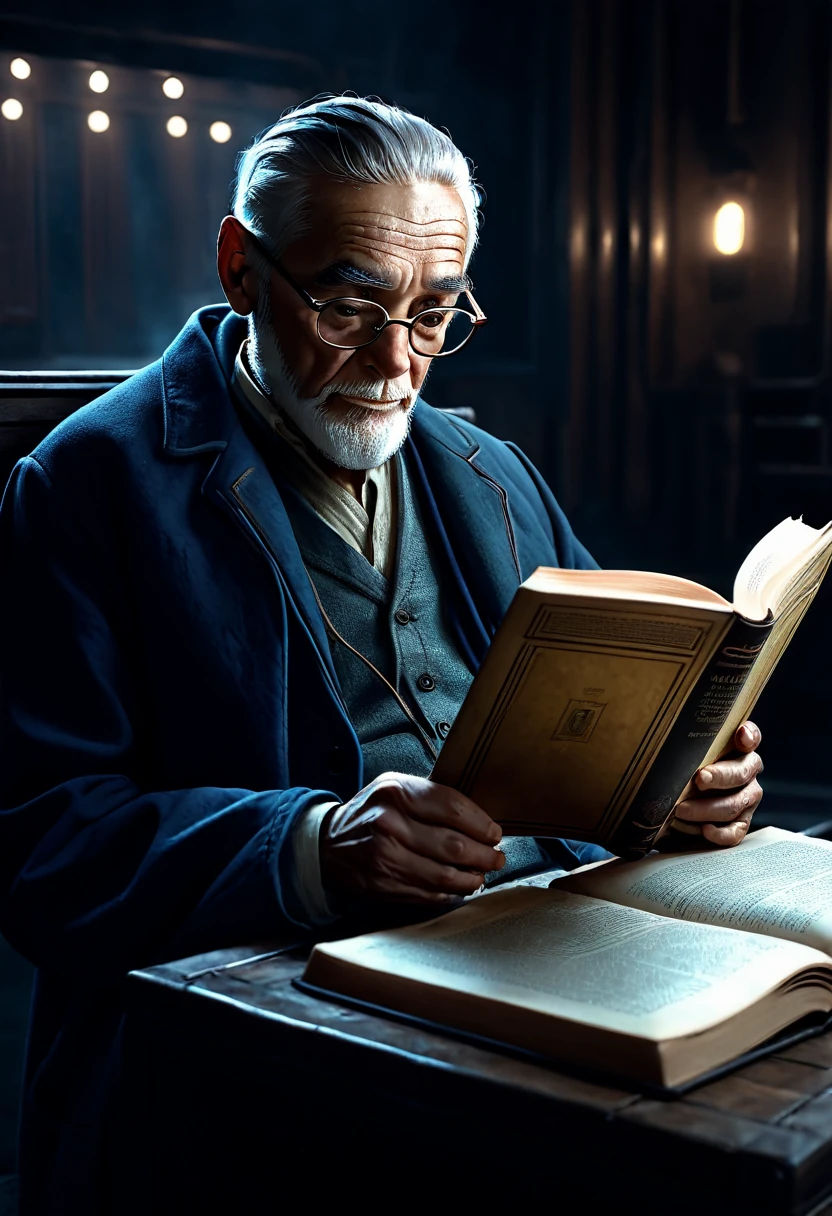 A young techno-mage, Usrican, an old man reading a book, dark and gloomy lighting, cinematic, octane render, post processing, photorealistic, hyper detailed
