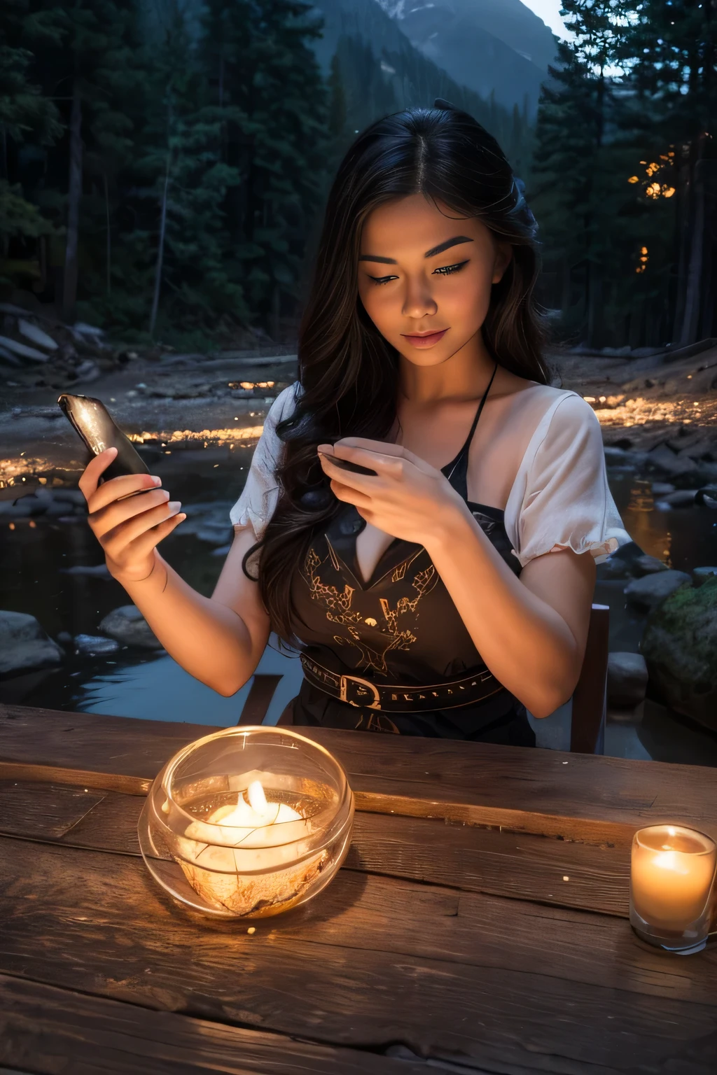 1 beautiful young asian woman and a hummingbird kissing her cheek ((upper body selfie, happy)), masterpiece, best quality, ultra-detailed, ground, outdoor, (night), mountains, nature, (stars, moon) cheerful, happy, forest, stones, river, wood, smoke, shadows, contrast, clear sky, style, (warm tone, warm tone): 1.2), close-up, cinematic light, side lighting, ultra high resolution,  best shadow, RAW, upper body, realistic style  