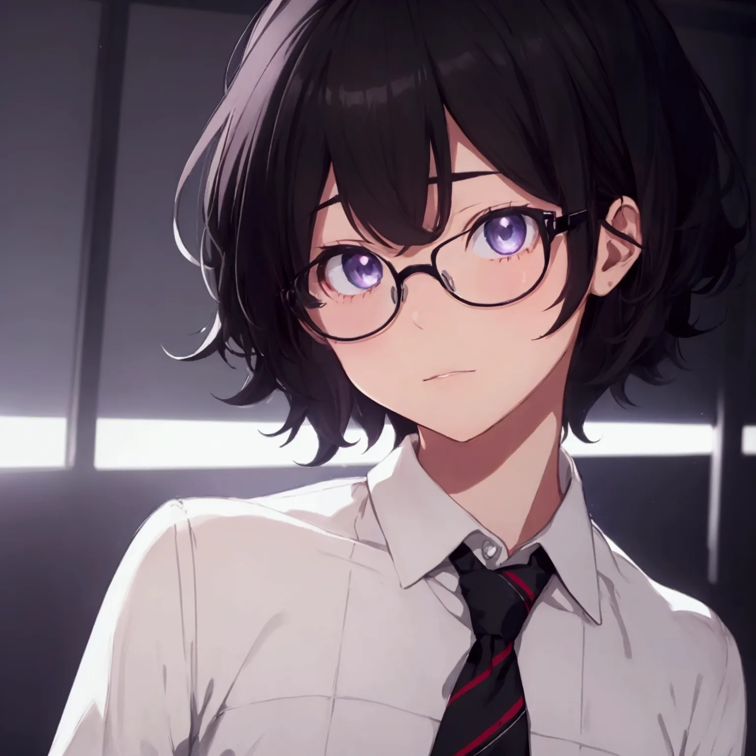 (1 boy), (school boy), male, tie, holding a bool, cute boy, adorable, Thick black frame glasses, shy, black messy hair, bluish-g...