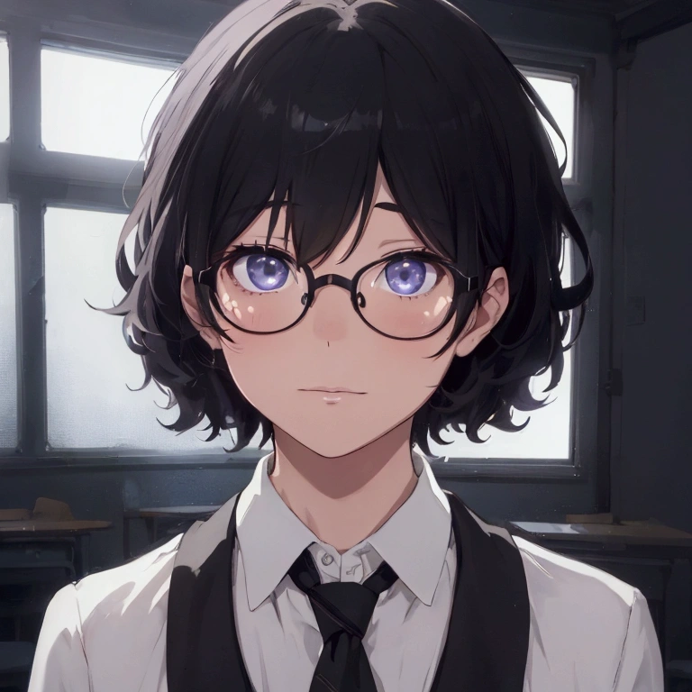 (1 boy), (school boy), male, tie, holding a bool, cute boy, adorable, Thick black frame glasses, shy, black messy hair, bluish-grey eye color, wearing glasses, 4k, detailed, anime 4k, (Curly hair), from side, character focus, ((black light)),((dark lighting)), cinematic lighting ,(darkness), (concept art), high resolution,(incredibly absurdres) ,extremely detailed CG unity 8k wallpaper, ((masterpiece)), ((top-quality)), (beautiful illustration), ((an extremely delicate and beautiful)), (masterpiece, Best quality, ultra high resolution), Black hair, pale skin, ultra detailed eyes, Beautiful and detailed face, detailed eyes, (Centered, torso), (wide shot:0.9), facing the viewer, Eye level, ((male)), shy, blushing