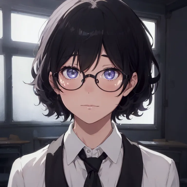 (1 boy), (school boy), male, tie, holding a bool, cute boy, adorable, thick black frame glasses, shy, black messy hair, bluish-g...