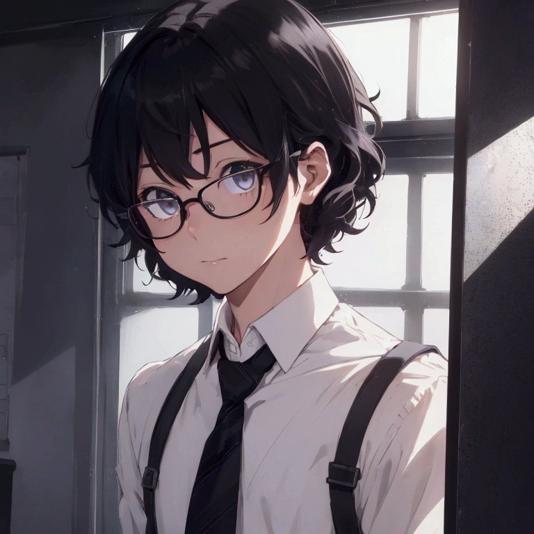 (1 boy), (school boy), male, tie, holding a bool, cute boy, adorable, Thick black frame glasses, shy, black messy hair, bluish-grey eye color, wearing glasses, 4k, detailed, anime 4k, (Curly hair), from side, character focus, ((black light)),((dark lighting)), cinematic lighting ,(darkness), (concept art), high resolution,(incredibly absurdres) ,extremely detailed CG unity 8k wallpaper, ((masterpiece)), ((top-quality)), (beautiful illustration), ((an extremely delicate and beautiful)), (masterpiece, Best quality, ultra high resolution), Black hair, pale skin, ultra detailed eyes, Beautiful and detailed face, detailed eyes, (Centered, torso), (wide shot:0.9), facing the viewer, Eye level, ((male)), shy, blushing