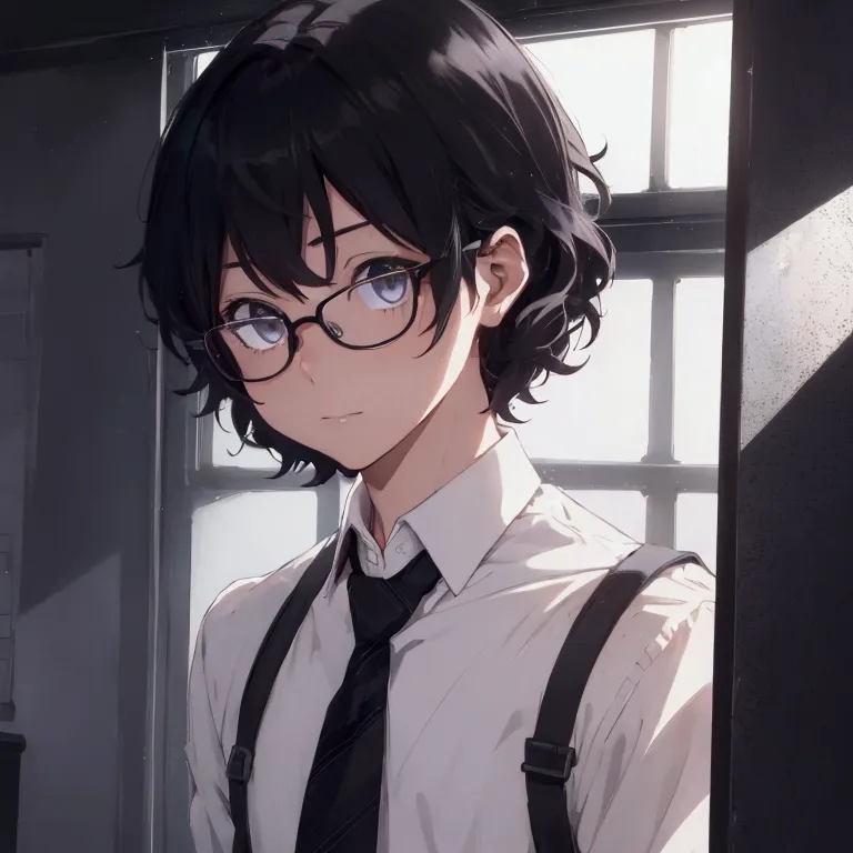 (1 boy), (school boy), male, tie, holding a bool, cute boy, adorable, Thick black frame glasses, shy, black messy hair, bluish-g...