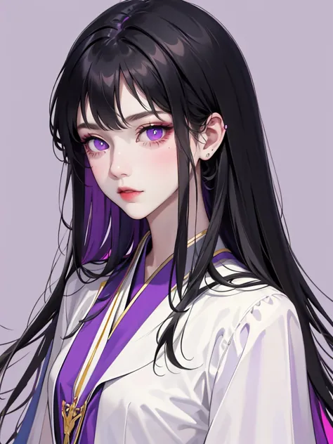 (flat color:1.1),(masterpiece:1.2), original, medium length straight black hair, purple-colored eyes, mature girl　　ウエディングドレス